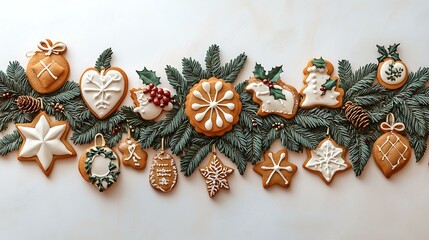 Assortment of holiday-themed gingerbread cookies arranged in a garland against a minimalistic backdrop