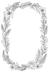 Minimalist floral frame with line-art leaves and flowers on a plain white background