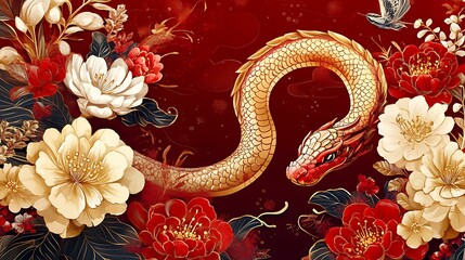 Artistic snake zodiac motif with intricate floral details and vibrant red and gold elements for festive marketing visuals