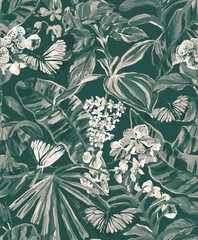 Tropical seamless pattern with orchid, hibiscus flowers, leaves and butterflies. Botanical print drawn in gouache with tropical plants in vintage style