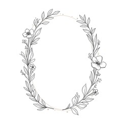 Minimalist floral frame with line-art leaves and flowers on a plain white background