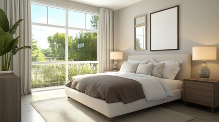 Fototapeta premium Bright and Spacious Bedroom with Modern Decor and Large Windows Overlooking a Green Landscape, Featuring Cozy Bedding and Elegant Lighting Fixtures
