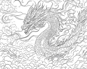 "Hand-Drawn Space Illustration with Rocket and Planets" Intricate dragon illustration in cloud patterns.