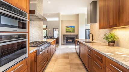 Bright kitchen interior featuring seamless wooden cabinetry, sleek integrated appliances, and a contemporary open layout