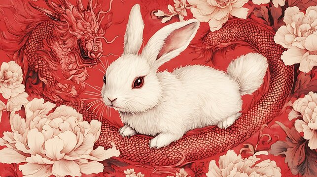 Traditional Chinese New Year banner showcasing a rabbit surrounded by a dragon and delicate floral motifs