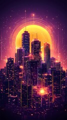 Obraz premium Digital retro background featuring a neon grid and vibrant colors, illustrated in a timeless storybook-inspired art style