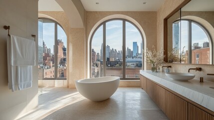 Fototapeta premium Bright modern bathroom with neutral tones, a freestanding tub, and large arched windows offering a relaxing urban view