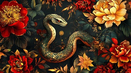 Snake zodiac motif entwined with vibrant floral patterns and shimmering red and gold festive elements