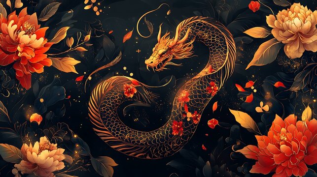 Snake zodiac illustration with dynamic curves, floral embellishments, and glowing red and gold accents for a festive theme