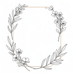 Obraz premium Minimalist floral frame with line-art leaves and flowers on a plain white background