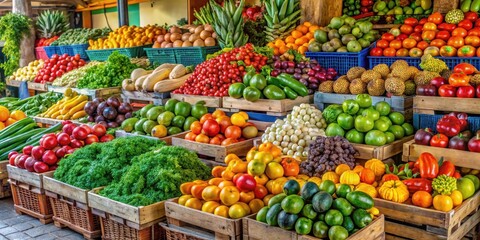 Fototapeta premium Colorful fruits and vegetables piled high on wooden stalls at a bustling farmers market in Puerto Rico, market atmosphere, local goods
