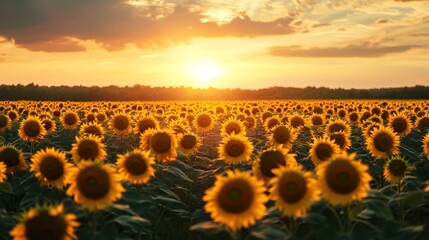 Obraz premium Golden Hour Sunflowers: A Serene Sunset Field