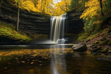 A stunning waterfall cascades down the lush green trees, reflecting in crystal-clear waters amidst vibrant yellow foliage. 