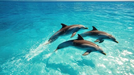 Fototapeta premium Playful Dolphins Swimming in Crystal Clear Tropical Waters