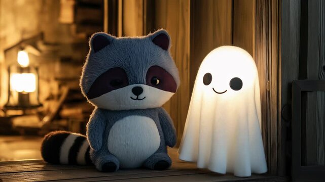 Ghost and raccoon characters positioned in dimly lit interior. Static camera with selective focus. Ghost emits soft pulsing luminescence while raccoon's fur gently rustles. 