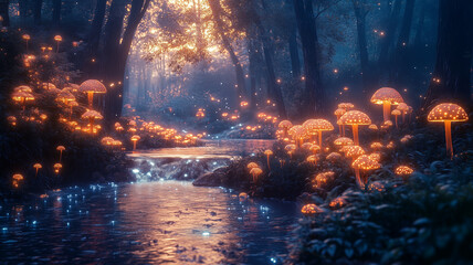 Fototapeta premium Enchanted Forest Stream with Glowing Mushrooms at Night