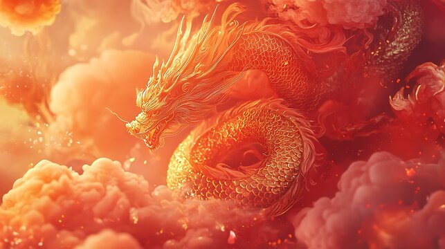 Majestic golden dragon emerging from swirling clouds and surrounded by festive red patterns for Chinese New Year