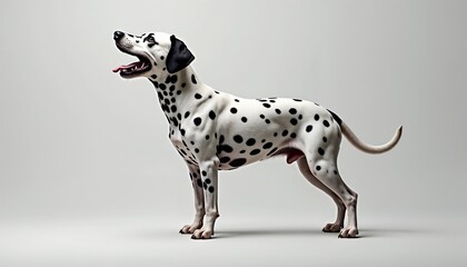 Close-up of a barking Dalmatian dog with an open mouth, standing on a simple white background, highly detailed, photorealistic, minimalist composition

