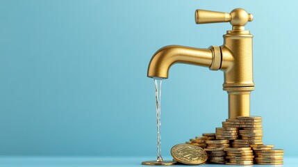 Clean blue background highlighting a sleek golden faucet with flowing gold coins, representing wealth and investment