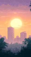 Fototapeta premium Futuristic retrowave background with glowing lights and a gradient horizon, created in a classic comic book illustration style