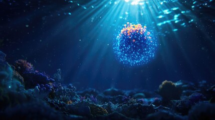 Naklejka premium Vibrant Coral Reef with Sunlight Rays Illuminating Underwater Scene
