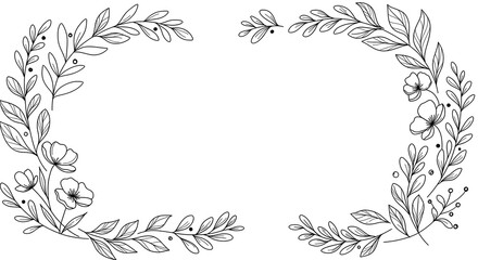 Fototapeta premium Minimalist floral frame with line-art leaves and flowers on a plain white background