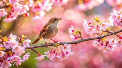 A small bird with brown feathers perched on a branch of a blooming cherry tree in full spring bloom, bird perched, spring blossom
