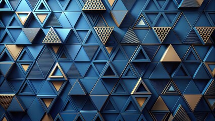 Fototapeta premium Geometric patterns on a dark blue surface with triangular shapes in various sizes and orientations, creating a dynamic and abstract design, interior decor, background