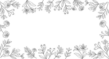 Fototapeta premium Minimalist floral frame with line-art leaves and flowers on a plain white background