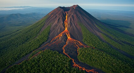 A high-detail depiction of a volcanic mountain surrounded by lush green forests with streams of molten lava visible under a clear blue sky