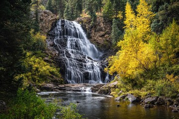 A stunning waterfall cascades down the lush green trees, reflecting in crystal-clear waters amidst vibrant yellow foliage. 