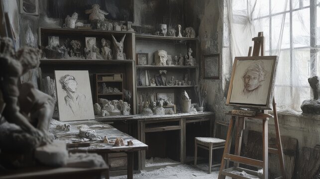 Abandoned art studio room interior. Vector cartoon illustration of old artist workshop with damaged furniture, cracked sculptures and painting canvas on dusty shelf, cobweb on walls, wooden easel