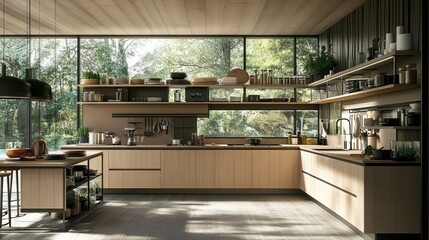 Contemporary kitchen design with light wooden cabinets, organized open shelves, and natural lighting