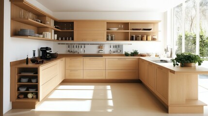 Fototapeta premium Contemporary light wood kitchen cabinets with soft-toned decor and organized open shelving in a bright space