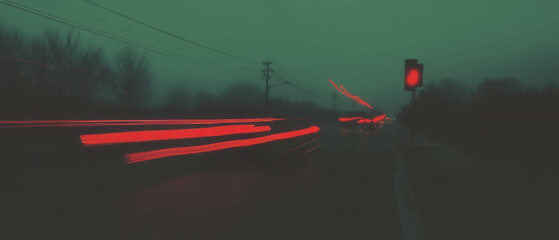 Blurring lights create a dynamic abstract representation of speed on a dark highway at night