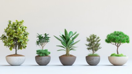 Fototapeta premium Five potted plants in a minimalist setting
