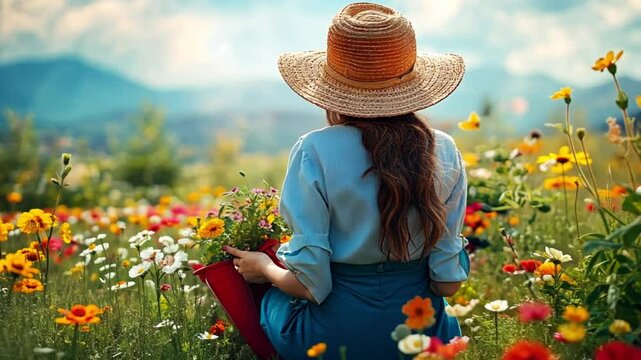 A woman in a straw hat sits amidst a vibrant flower field, enjoying nature's beauty.