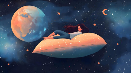 Generated imageWoman sleeping on pillow amidst galaxy sky