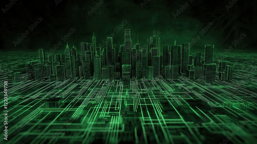 Poster clean energy renewable startup concept. futuristic cityscape illuminated in green, featuring digital