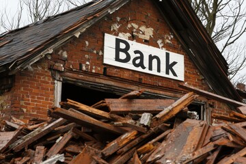 Fototapeta premium A dilapidated bank building with a large sign, surrounded by a pile of wooden debris, showcasing signs of neglect and decay.