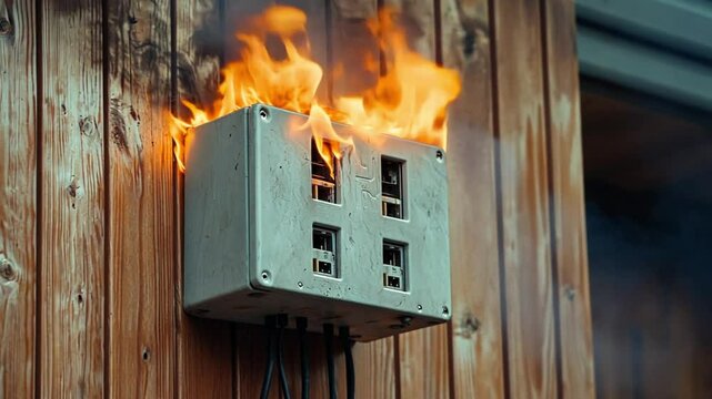 A power outlet box engulfed in flames mounted on a wooden wall.