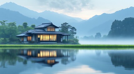 Fototapeta premium Serene Modern Japanese House by Mountain Lake