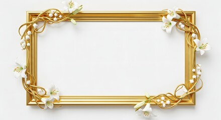 Golden floral frame with delicate vines and blooming lilies around a white copy space