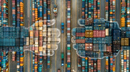 Obraz premium Global trade partnership Aerial view of container port, handshake concept