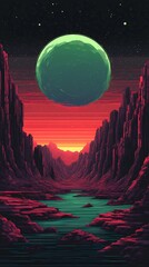 Naklejka premium Synthwave aesthetic background showcasing a vibrant grid and sunset, created in a whimsical storybook illustration style