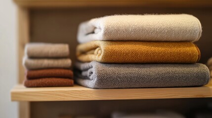 Cozy and Soft Knitted Towels Stacked on a Wooden Shelf Display