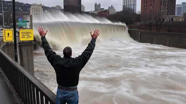 A man stands before a massive wave of floodwater in an urban setting.