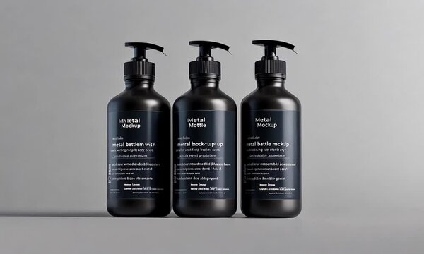Three black metal bottles with pump dispensers, showcasing product design.