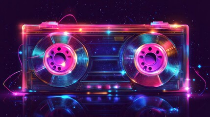Fototapeta na wymiar Neon retro reel-to-reel tape recorder.
