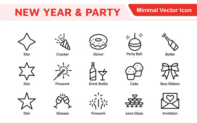 New Year & Celebration Icon Set. A festive collection of vibrant icons designed to enhance celebrations, perfect for party invitations, event promotions, and holiday-themed projects.